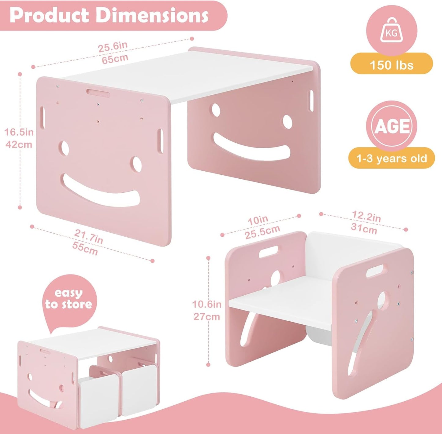 FUNLIO Height Adjustable Montessori Weaning Table and Chair Set for Age 1-3, Quality Solid Wood Toddler Table and 2 Chairs, Kids Table and Chairs for Reading/Eating/Playing,CPC Certified - Pink