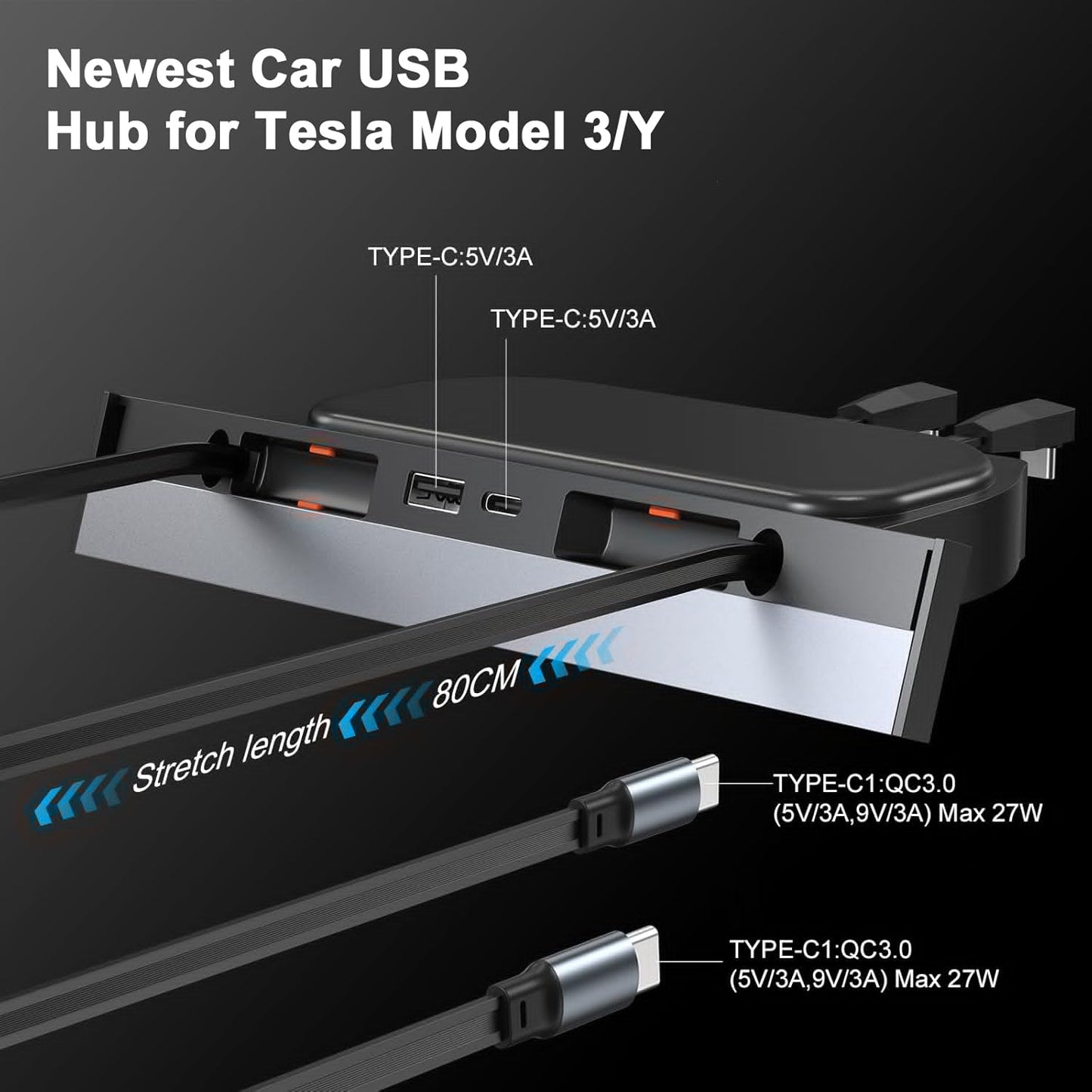 Upgrade Tesla USB Hub for Tesla Model 3&Y Waterproof - 4Ports Fast Chargr for Model Y/3 Accessories 2023 2022 2021 Retractable Docking Station, 2 Type-C Fast Charging Cables (Not Fit Model 3 2024)