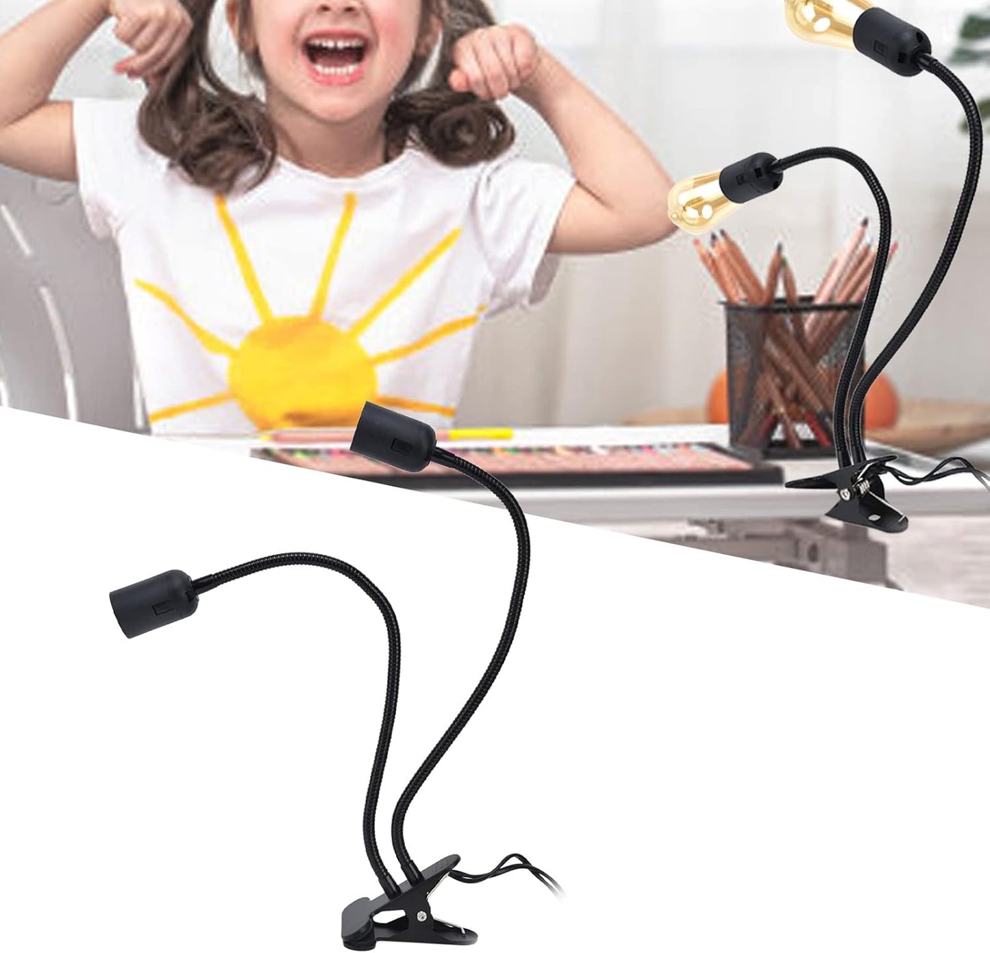 Clip Desk Lamp Socket, E26/E27 Reading Light Stand Clamp Lamp Fixture, 360 Degrees Two Clip on Light Bulb Holder with On/Off Switch and Clamp for Headboard Video Study Work,