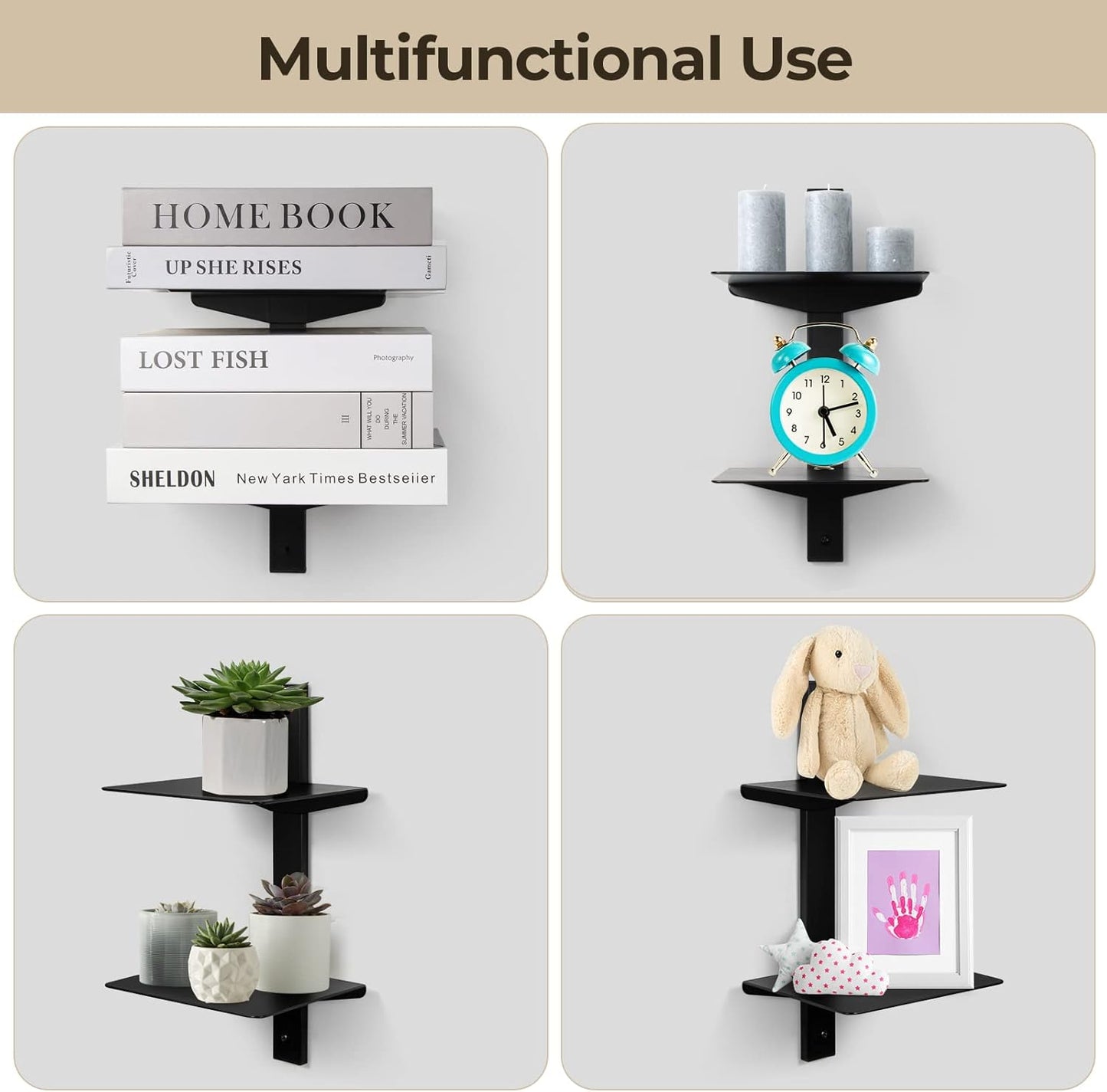 Floating Book Shelves for Wall, 8 Tier Invisible Floating Bookshelf, Vertical Spine Book Tower, Wall Mounted & Space Saving, Heavy Duty Metal Book Organizer for Home Office, 4 Pack Black