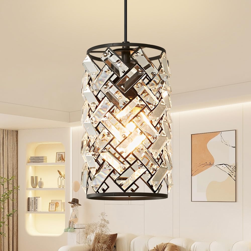 Black Pendant Lights Kitchen Island, Mini Crystal Modern Kitchen Pendant Lighting Over Sink with 10.2" Clear Glass Shade Chandeliers, Adjustable Pendant Light Fixture for Dinning Room Bedroom Entryway