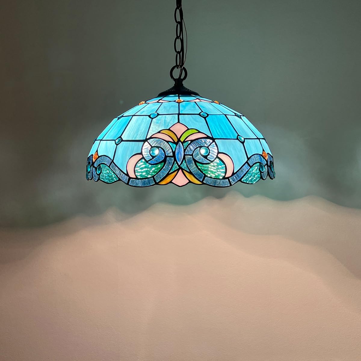 Tiffany Style Pendant Light Fixture 16" Stained Glass Hanging Lamp with Metal Chain for Dining Room Kitchen Bedroom - E26 Base 2 Lights