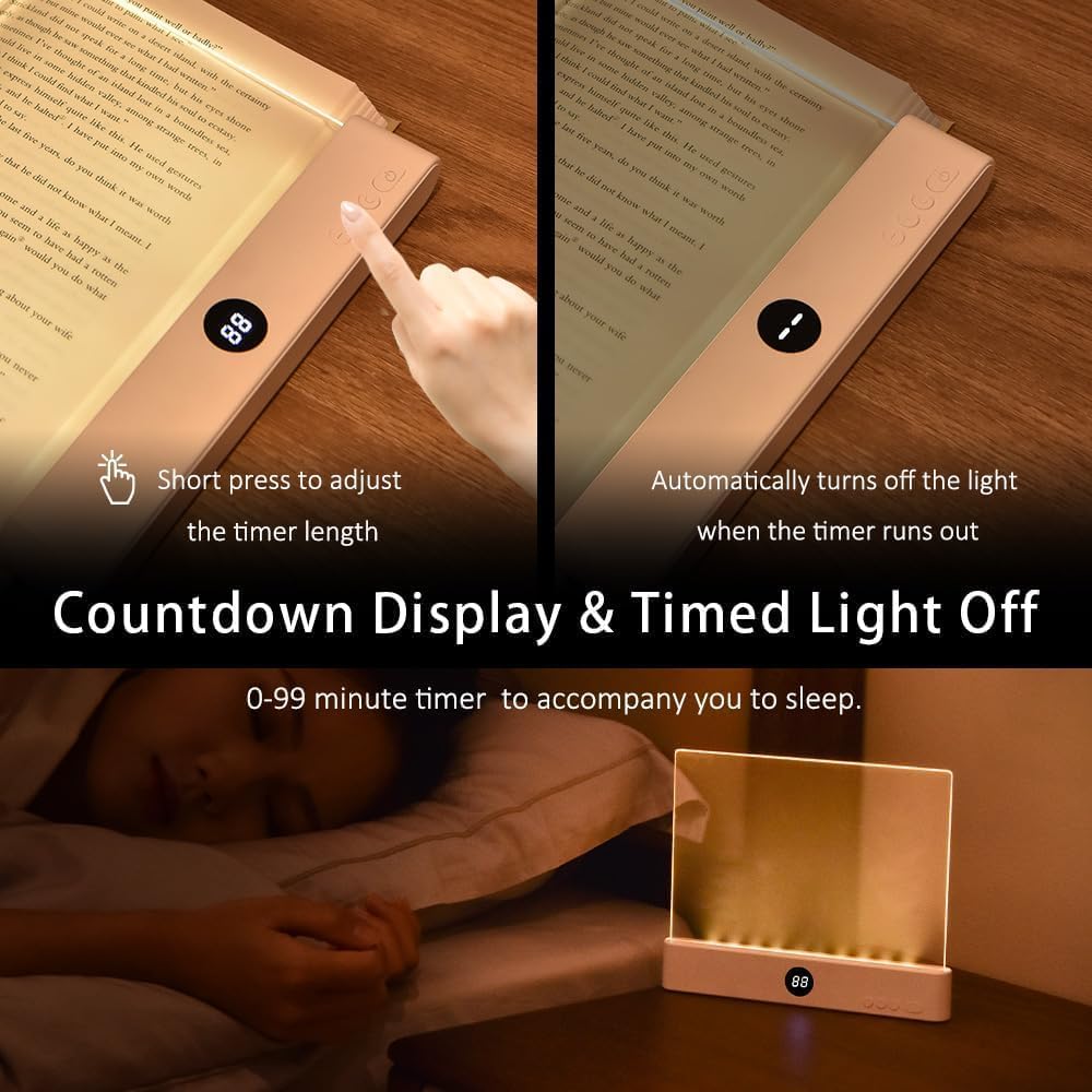 Book Light, 3 Color Adjustable LED Flat Reading Light, Rechargeable Clear Panel Plate Lamp with Timer & Memory Function, Bedside Lamp Book Lovers Gifts for Boys and Girls Women Man (Black)