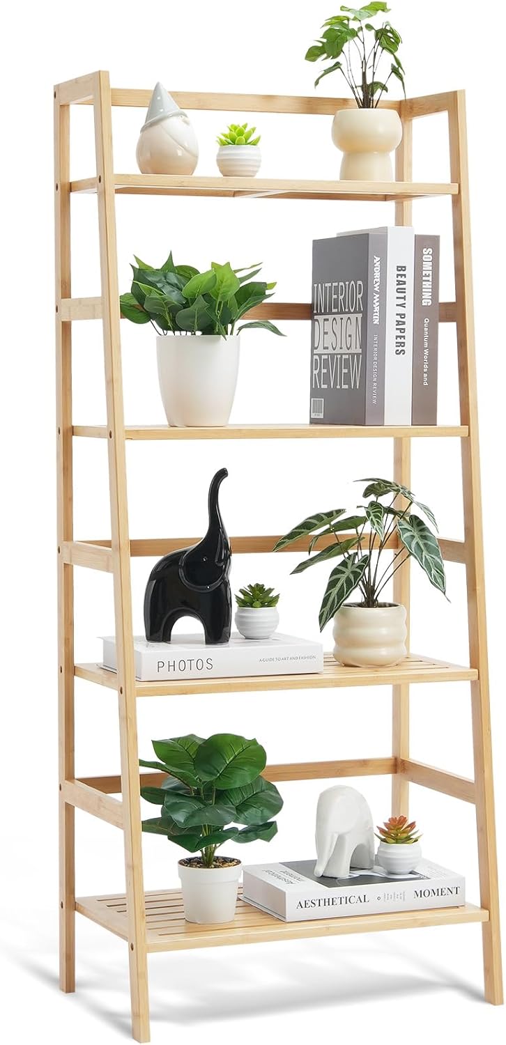 VEVOR 4-Tier Bamboo Ladder Shelf, Trapezoid Open Bookcase, Display Storage Rack Organizer, Freestanding Flower Plant Stand, Ladder Bookshelf Ideal for Bathroom, Bedroom, Office, Study, Natural