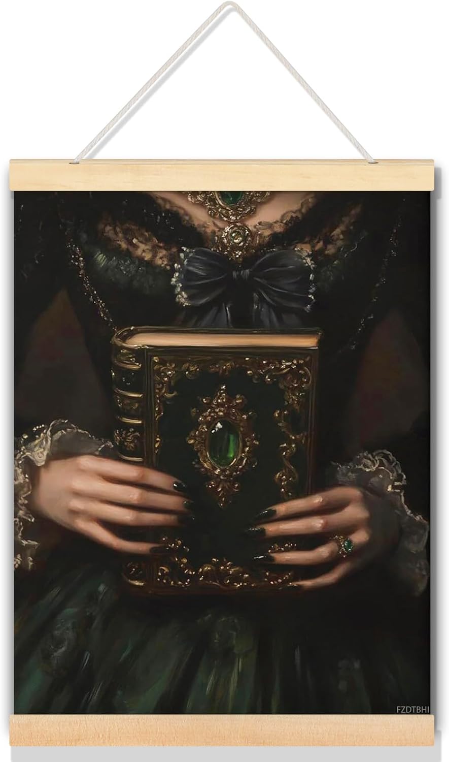 FZDTBHI Dark Academia Wall Art Gothic Posters Victorian Aesthetic Decor Emerald Green Print Bookish Coquette Decor Witchy Reading Nook 12x16inch Framed