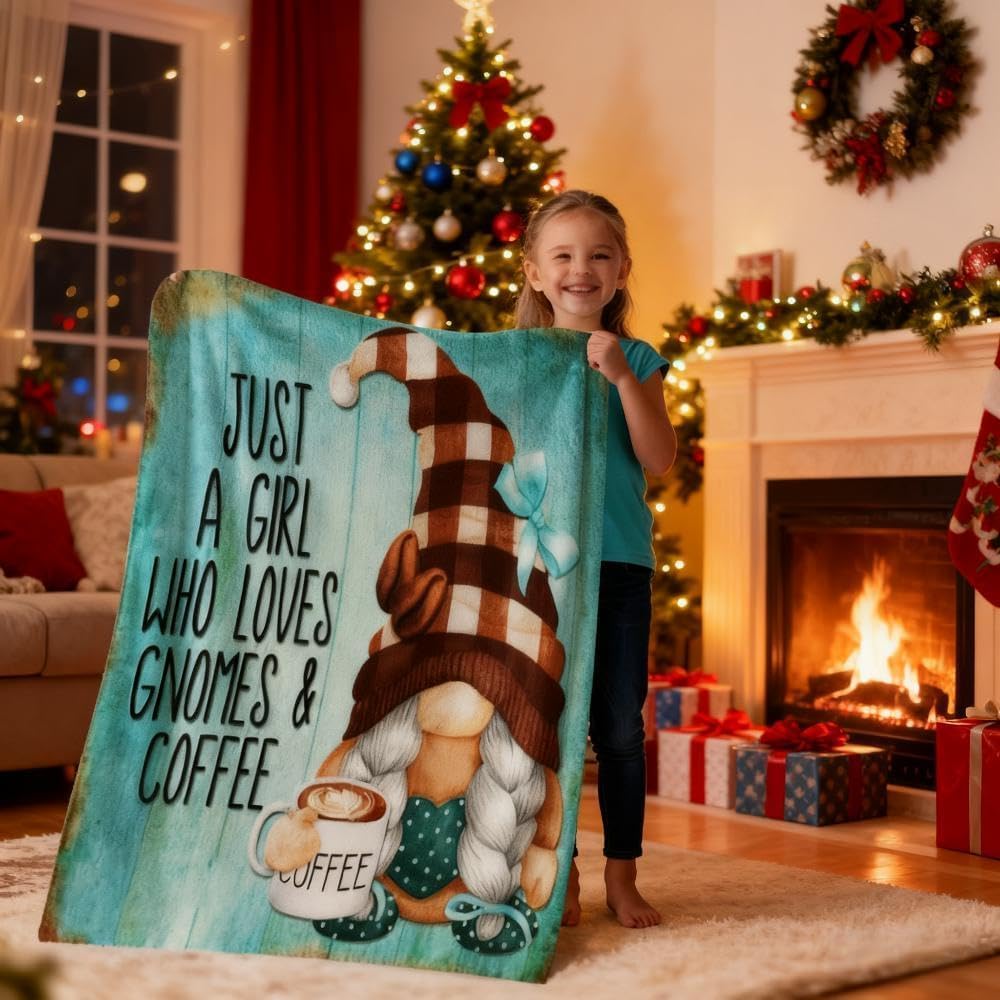 Coffee Gnome Blanket for Girls- Gnomes Gifts for Gnome Lovers, Daughter, Kids, Galentine's Day Soft Spring Gnome Theme Throw Blanket, 50x40 Inches