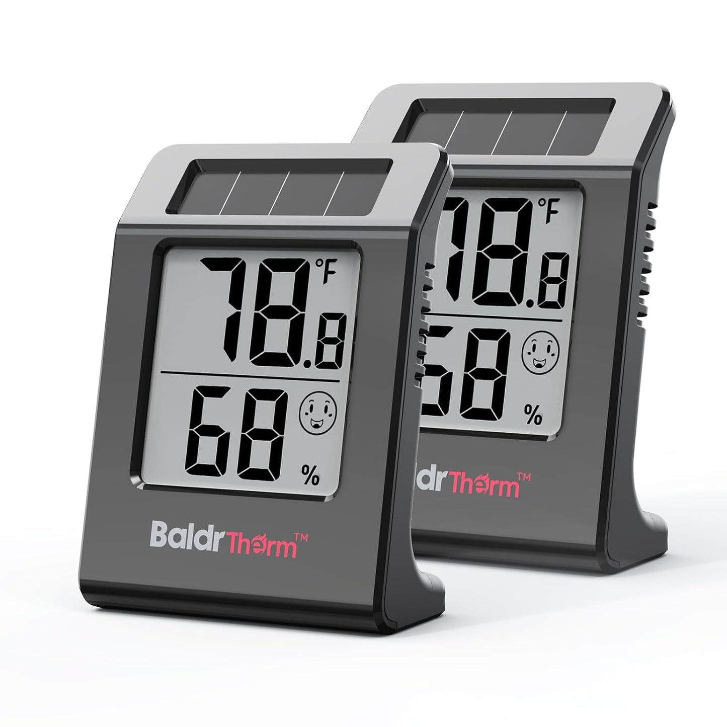 BaldrTherm Humidity Thermometer Meters, Solar-Powered Indoor Temperature Sensor Humidity Monitor, Humidity Gauge for Baby Rooms, Bedrooms, Home, Office, and Wine Cellars, 2Pack,Black