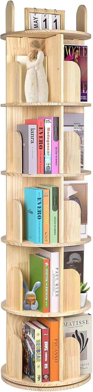 Kryonix Rotating Bookshelf, Solid Pine Wood Spinning Bookshelf Tower 5 Tier, 360° Revolving Bookcase for Kids, Multi-Functiona Corner Round Turning Book Shelf Organizer for Small Spaces