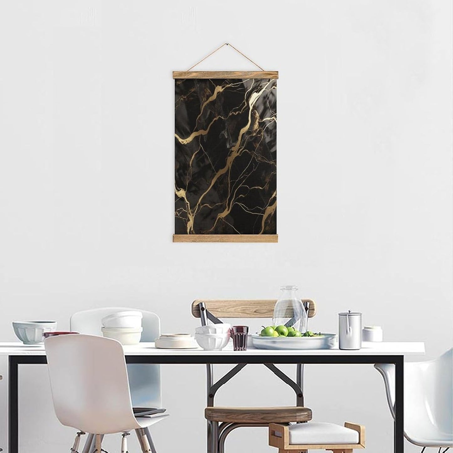 Vintage Black Gold Marble Poster with Wooden Frame Personalized Linen Hanging Scroll Painting Rustic Wall Hanging Illustrative Modern Artwork Decor for Home Living Room Bedroom Office
