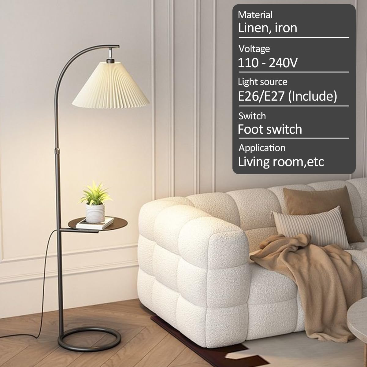 Nordic Cream Style Floor Lamp with Tray Adjustable Height Standing Reading Light Rust-Proof Iron Tall Lights Corner Decoration Vertical Lamp E27 Base Floor Lamps for Bedroom Living Room