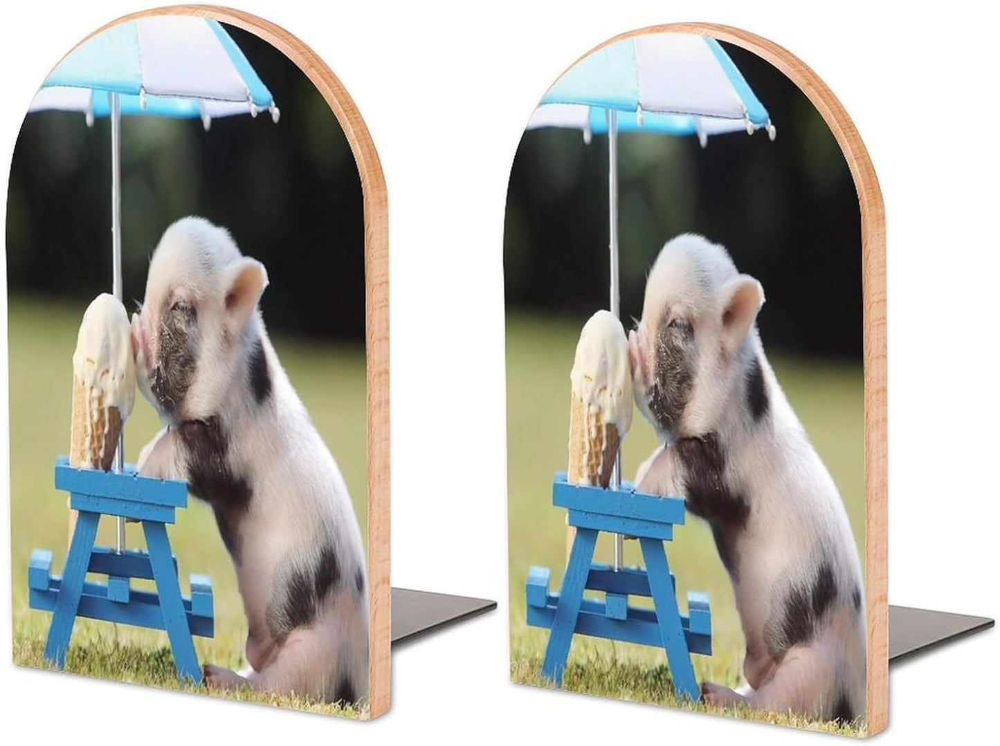 Pigs Eating Ice Cream Wooden Bookend Non-Slip Book Ends Heavy Duty Book Stopper with Metal Base Books Holderd Decorative Bookends Stands Firmly for Office Supplies