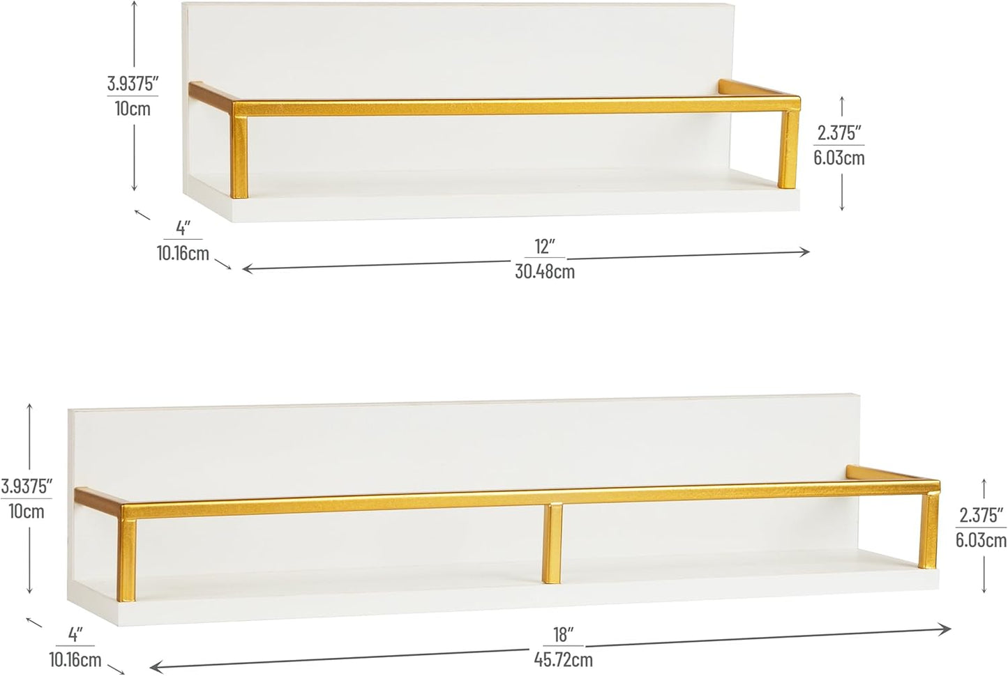 Mind Reader Floating Shelves, Wall-Mounted Office Organizers, Modern MDF Display Storage with Metal Rail, Metal. MDF, Set of 2, White