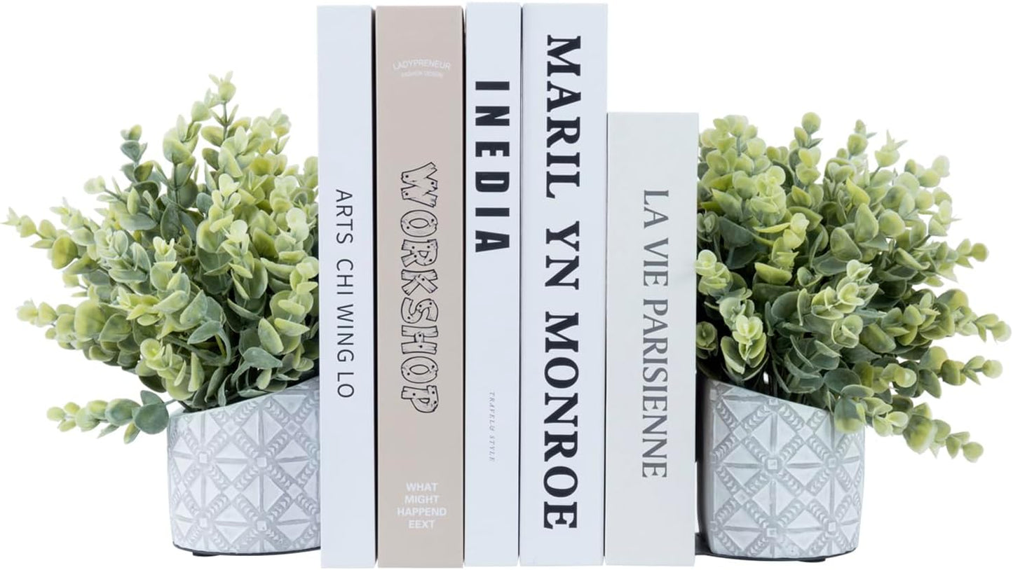MyGift L-Shaped Decorative Bookends with Artificial Eucalyptus Plant Potted in Modern Geometric Embossed Gray Concrete Pot, Book Ends for Shelf Desk Nook Decor, 1 Pair