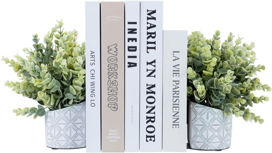 MyGift L-Shaped Decorative Bookends with Artificial Eucalyptus Plant Potted in Modern Geometric Embossed Gray Concrete Pot, Book Ends for Shelf Desk Nook Decor, 1 Pair