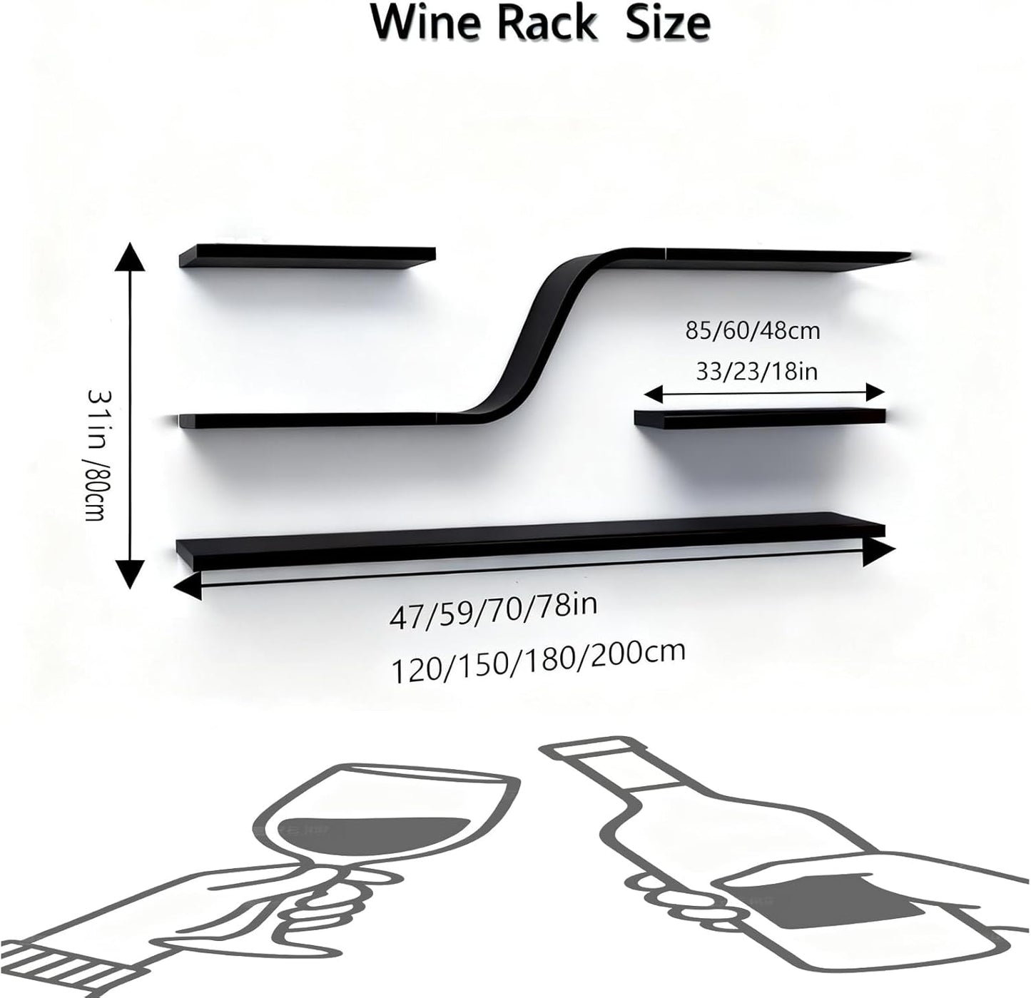 Modern Wall Mounted Wine Rack with Blue LED Light, 3-tiers Metal Curved Bar liquor Bottles Display Shelf, Large Floating Bar Shelves Storage for Home bars, kitchens Coffee Shop (Black, 47in)
