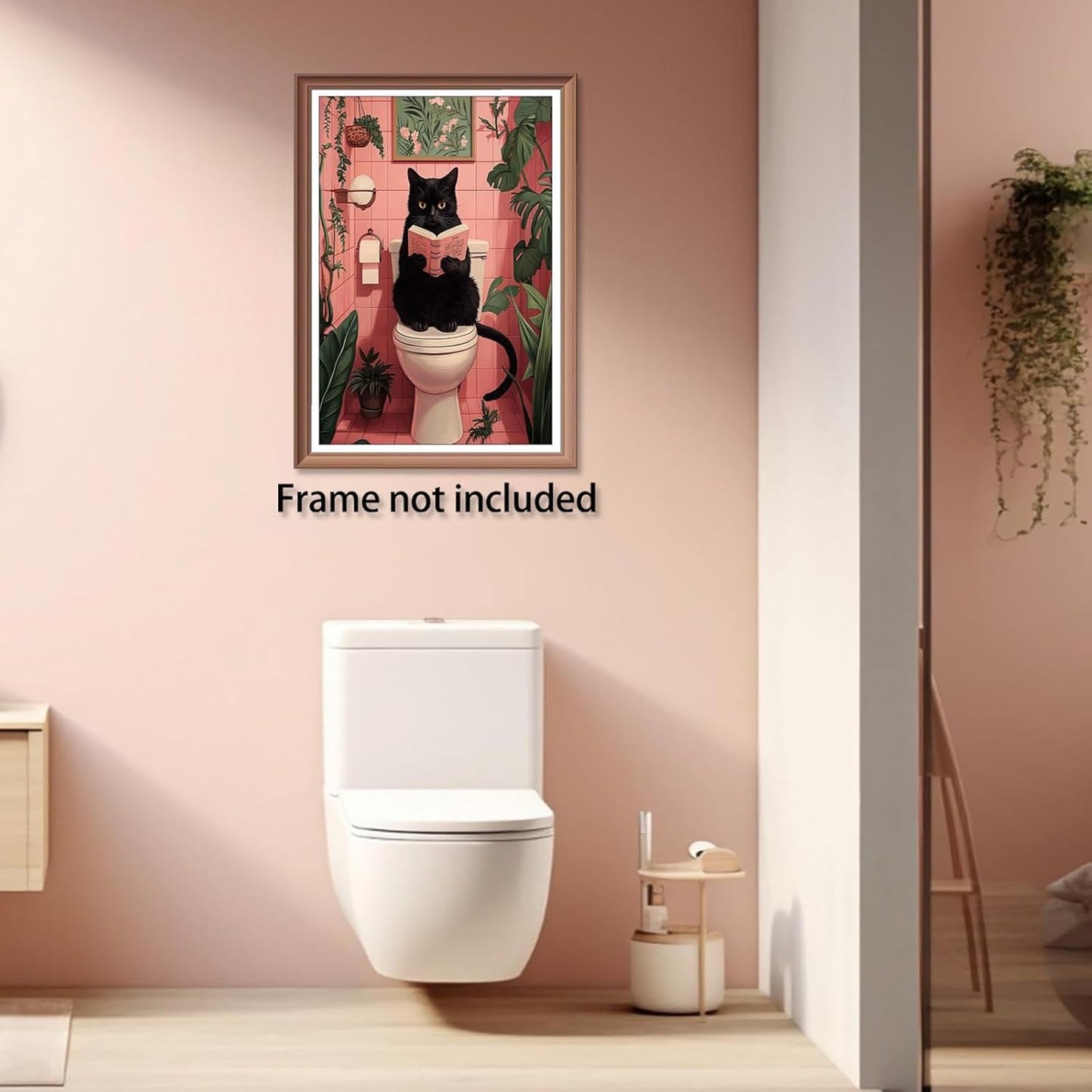 Trendy Funny Black Cat Using Toilet Posters Cute animal Reading Newspaper Canvas Wall Art Bathroom Botanical Pink Aesthetic Prints Painting For Home Bedroom Dorm Wall Decor 8x12in Unframed