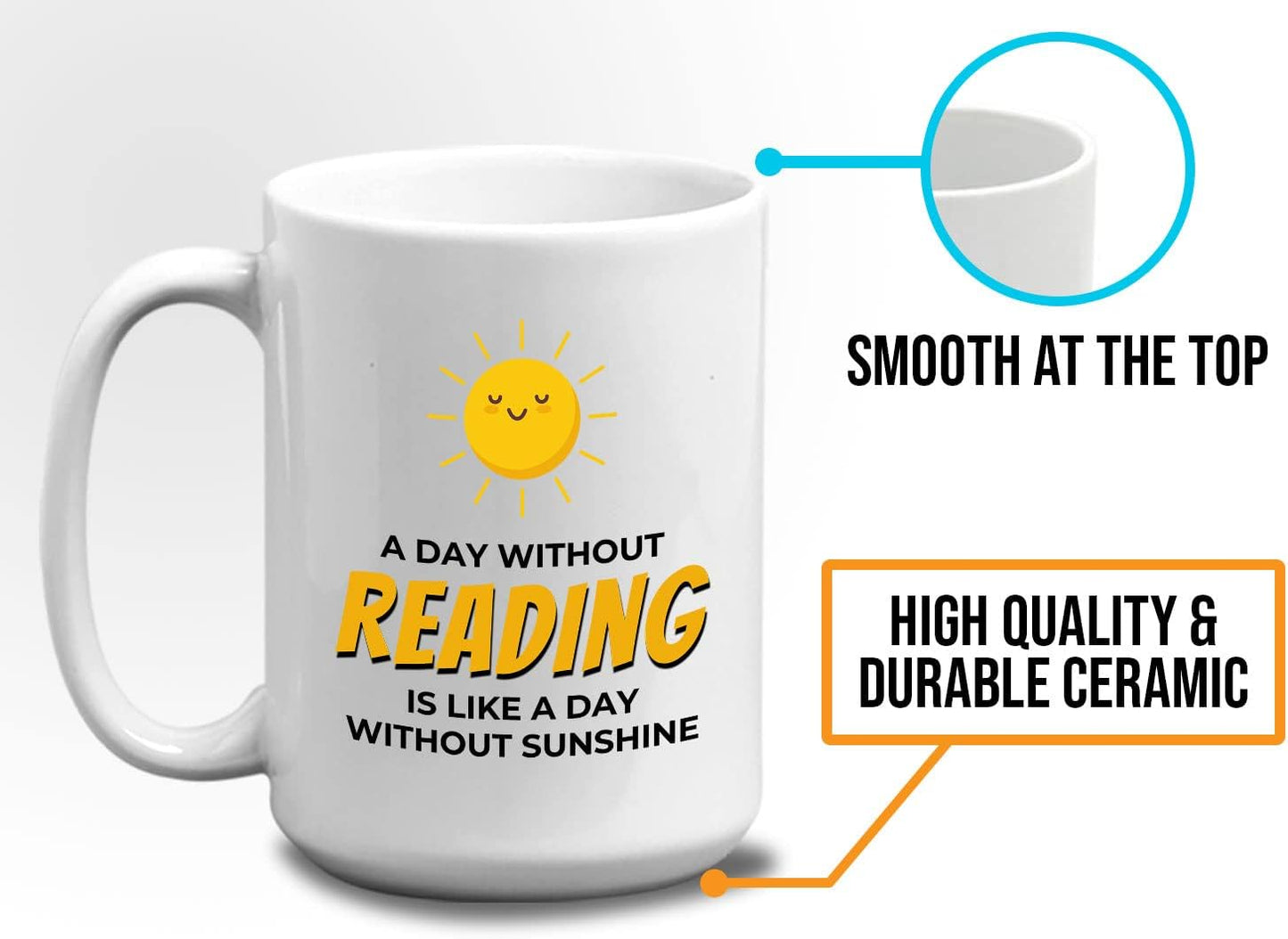 Bubble Hugs Book Lover Coffee Mug 15oz White - A Day Without Reading - Reading Reader Sunshine Book Addict Lover Bookish Novelist Librarian Writer