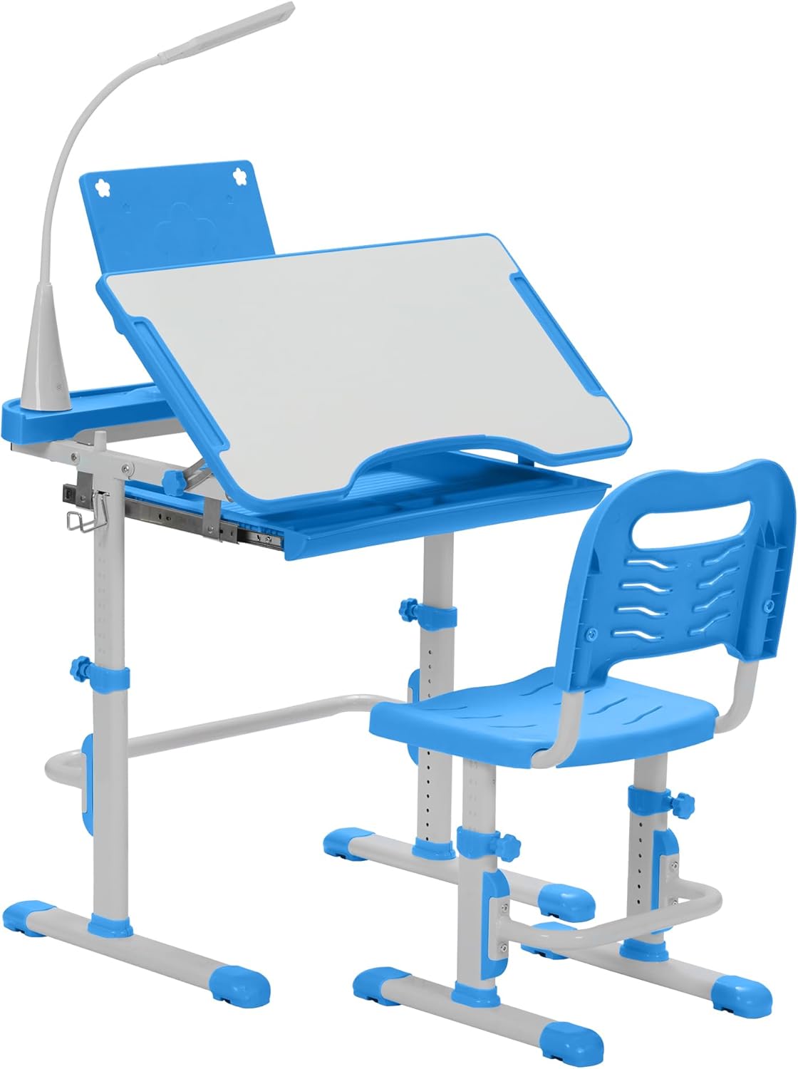Kids Desk and Chair Set, Height Adjustable Child's School Study Writing Tables with Tilt Desktop, LED Light, Storage Drawer, Book Stand (Blue)