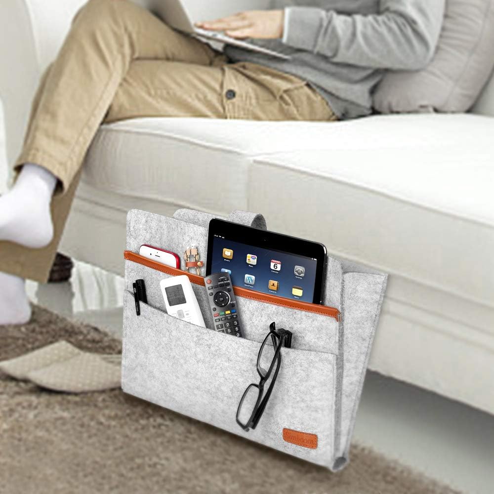 Bed Organiser, Felt Bed Bag, Non-Slip Bedside Bag, Sofa Bed Hanging Storage for Book, Magazines, iPad, Mobile Phone, Remote Control, Light Grey