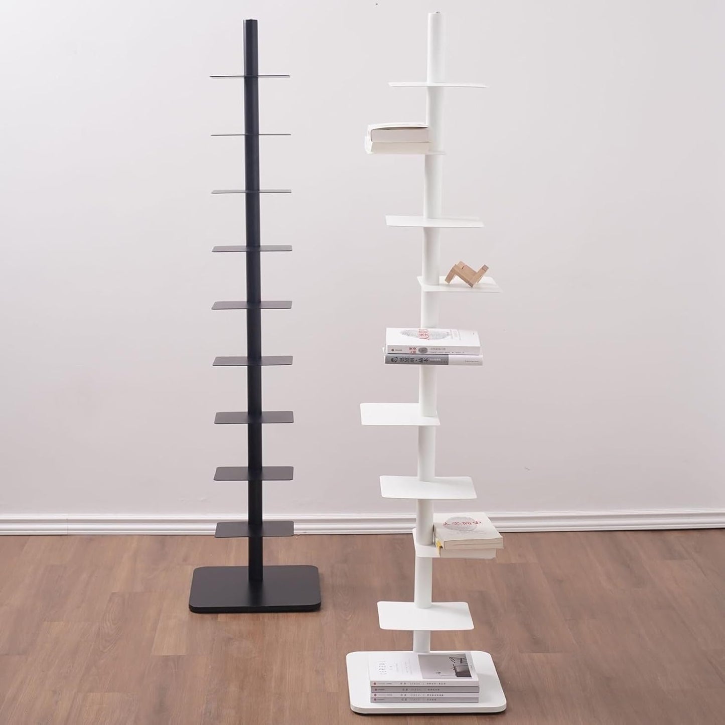 9-Tier Vertical Spine Bookcase, Tall Narrow Ladder Shelf, Metal Corner Book Tower for Tight Spaces, Multi-Purpose Storage Display for Home Office - Modern White Design