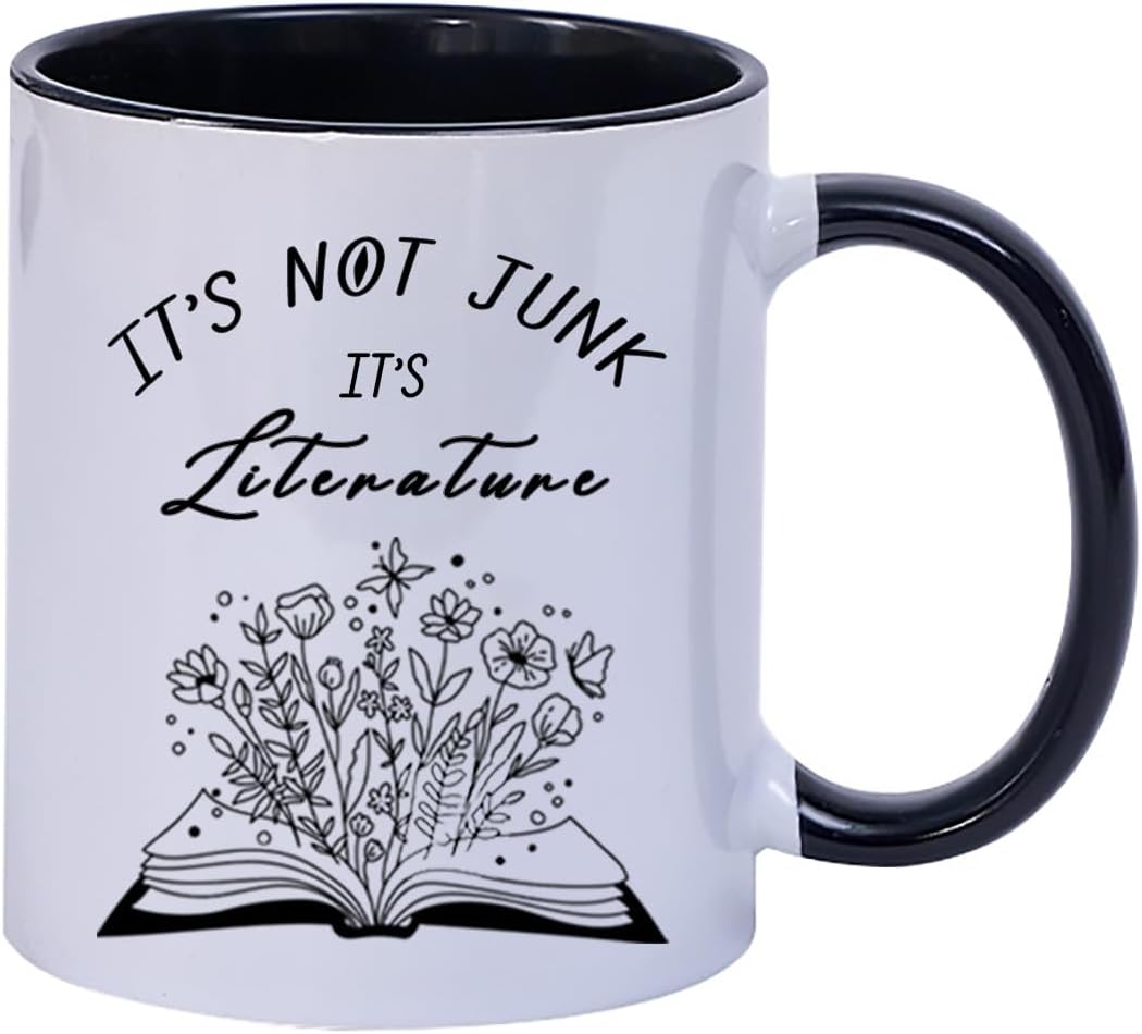 Funny Book Lover Coffee Mug, “It’s Not Junk It’s Literature” Ceramic Cup Gift for Readers, Writers, Teachers, Students, Bibliophiles, Book Club, Office Desk, 11 oz Novelty Cup