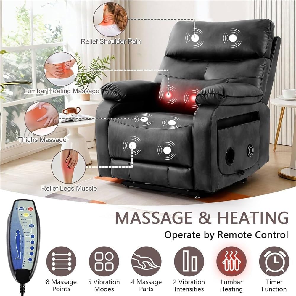 Power Lift Recliner Chair for Adults Elderly, Leather Furniture with Heat Massage, Infinite Position Lay Flat for Living Room Bedroom, USB Ports Cup Holder