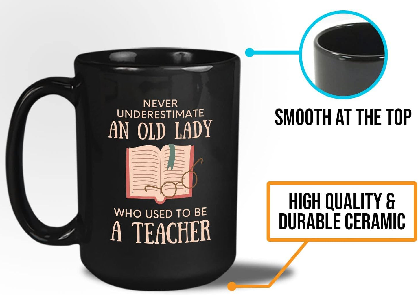 Bubble Hugs Book Lover Coffee Mug 15oz Black - Never Underestimate Old Lady - Reading Reader Grandma Retired Teacher Book Lover Bookish Novelist Librarian Writer