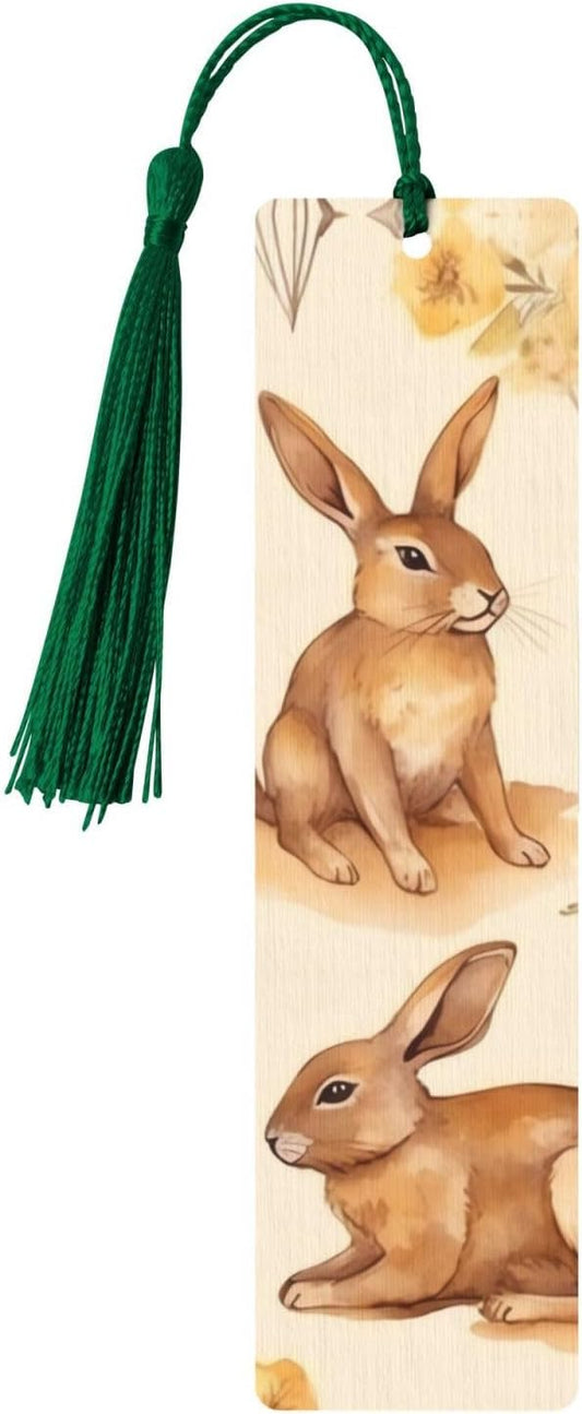 Watercolor Bunny Bookmarks Gifts for Women Men, Wooden Bookmarks for Book Lovers, Vintage Book Marks Ornaments with Tassel, Unique Personalized Reading Page Markers Dark Green