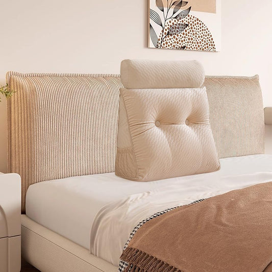 Velvet Triangular Wedge Pillow With Roll Pillows,Removable Cover Tiangular Headboard Pillow for Daybed,Backrest Positioning Support Pillow Cushion Resting Reading (Beige, Small(24 * 20 * 8in))