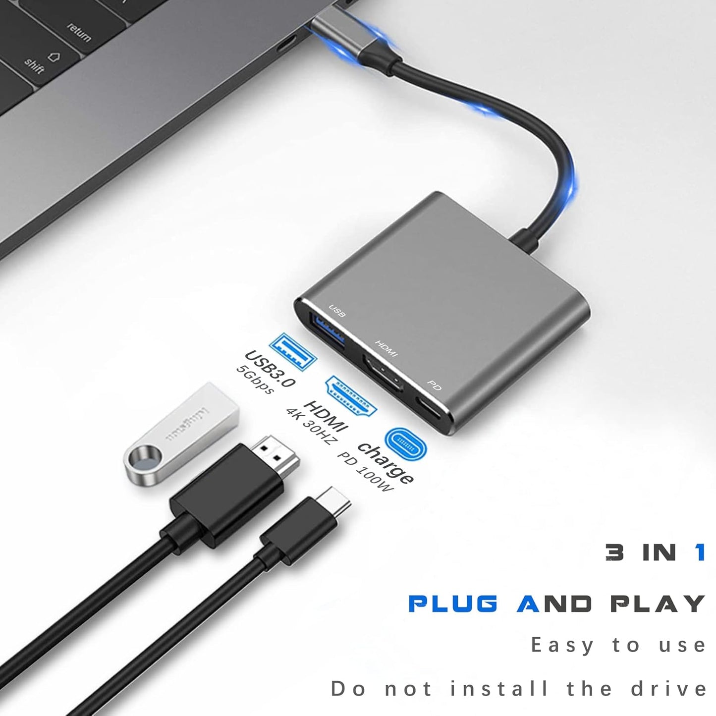USB C to HDMI Multiport Adapter with Charging Port, HDMI to USB C Hub Adapter for Monitor to Laptop, USB-C to USB 3.0 Adapter 10Gbps, USBC HDMI Adapter 4K Converter for Mac iPad pro MacBook Chromebook