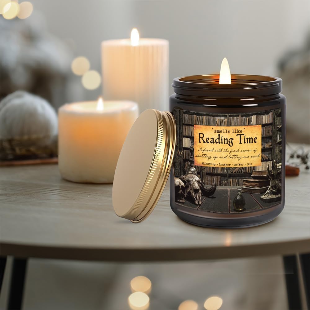 Reading Candle, Book Lovers Gifts, Readers, Bookish Present, Funny Birthday Gifts for Book Lovers Women, Bookworm, Librarian, Men, Friend, Mahogany Leather Coffee Scent Candle 9OZ