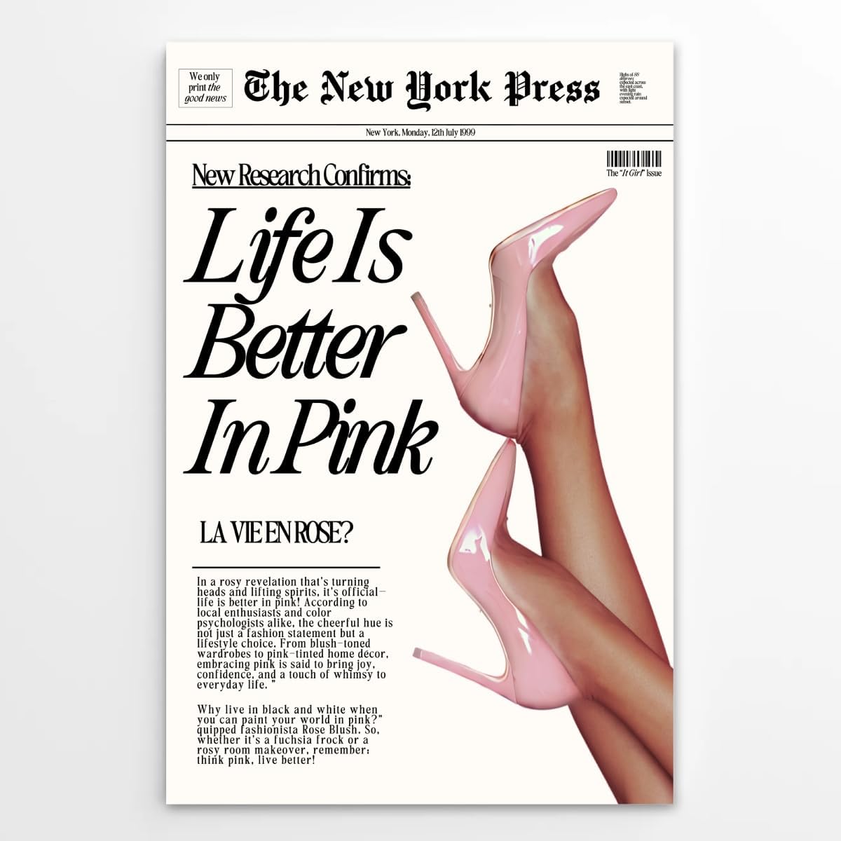 Vintage Baby Pink Newspaper Wall Art Retro News Headline Poster Trendy Preppy Girl Aesthetic Decor for Bedroom Apartment Dorm Life is Better in Pink Canvas Print Picture 12x18inch Unframed