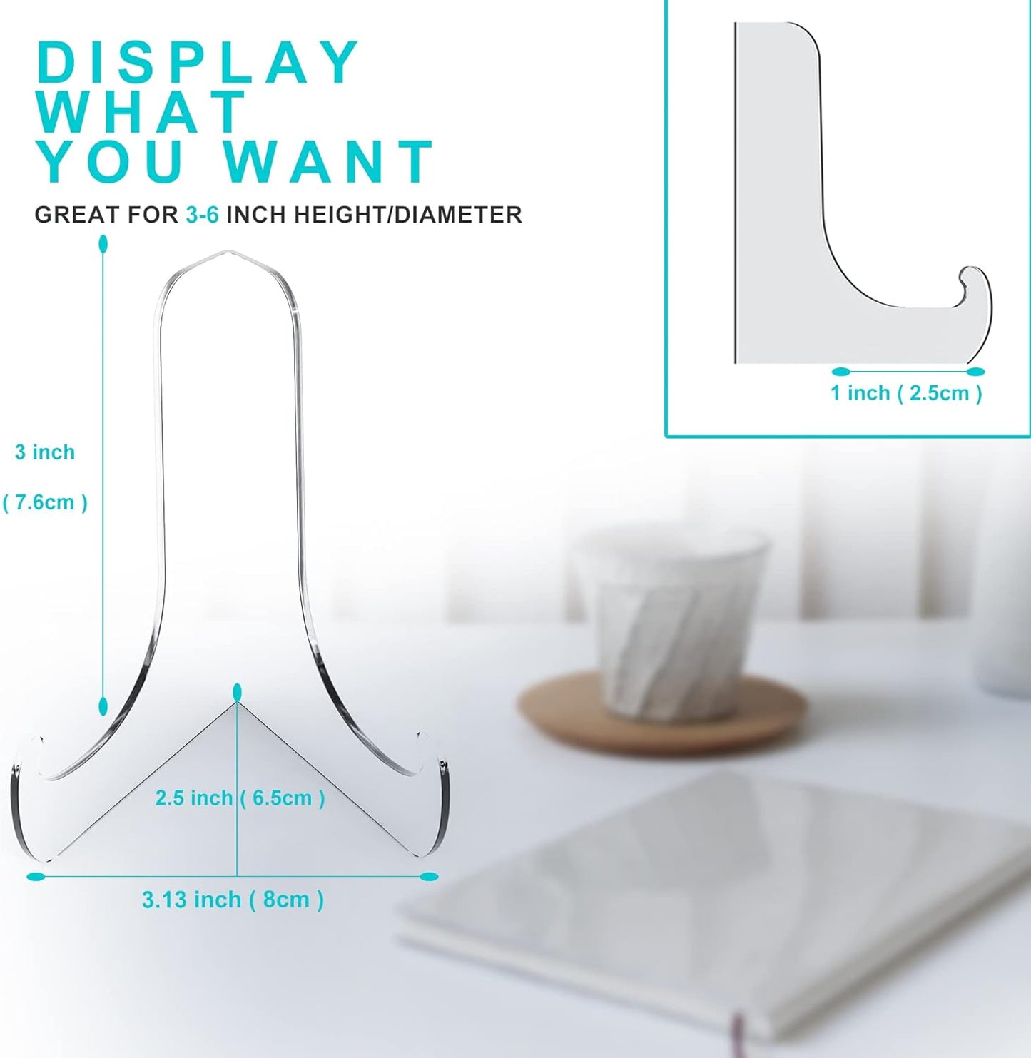 Boloyo 60-Degree Angle Acrylic Plate Display Stand , 3 Inch 2PC Clear Acrylic Display Holder Easel Base for Home Office Kitchen School Art Display