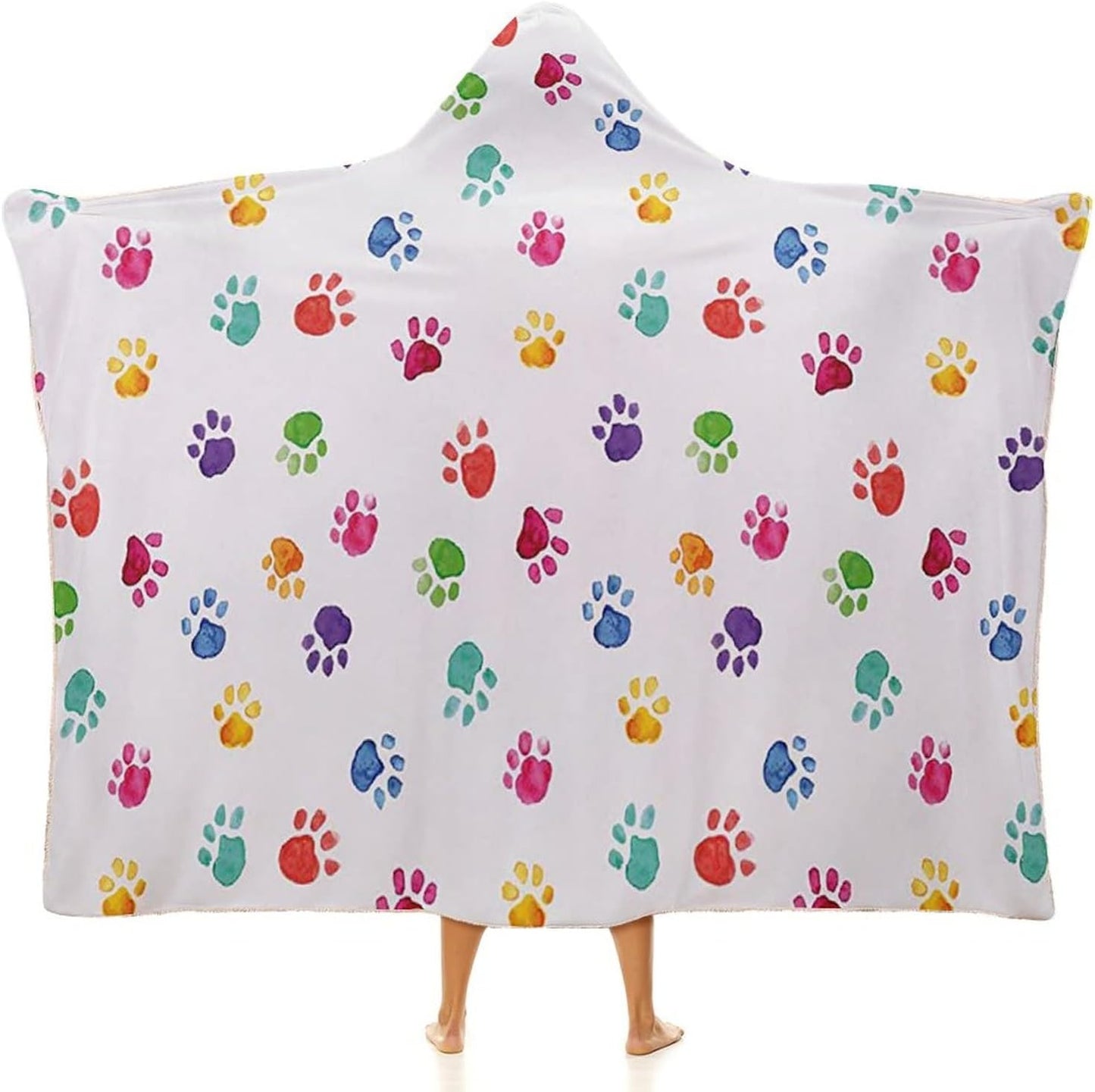 Throw Blankets, Watercolor Wearable Hooded Blanket for Adults, Hand Drawn Colorful Animal Footprints Pattern, Soft Warm Cozy, 40 x 50inches, Studying Reading Snuggling Napping Office, Multicolor