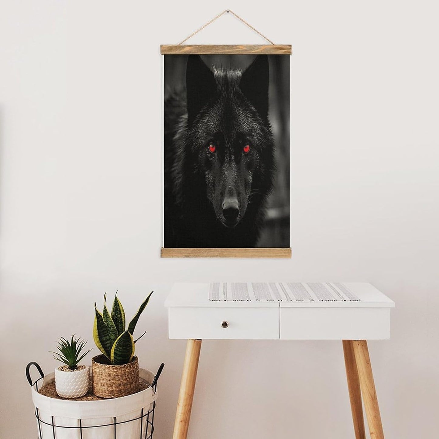 Vintage Black Red Eyed Wolf Poster with Wooden Frame Personalized Linen Hanging Scroll Painting Rustic Wall Hanging Illustrative Modern Artwork Decor for Home Living Room Bedroom Office