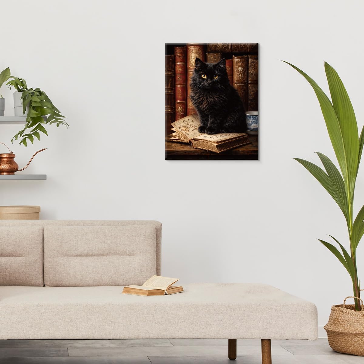 Vintage Bookshelf Cat Wall Art Black Cat Reading Canvas Print Poster Bookish Wall Decor for Home Reading Nook Library 8x10 Inch Framed