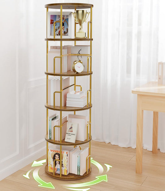 5 Tier Round Rotating Bookshelf Tower Gold,62” Tall Space Saving Spinning Bookshelf with Anti-Tipping Design,Metal Standing Revolving Bookcase Stackable for Small Spaces,Study,Living Room