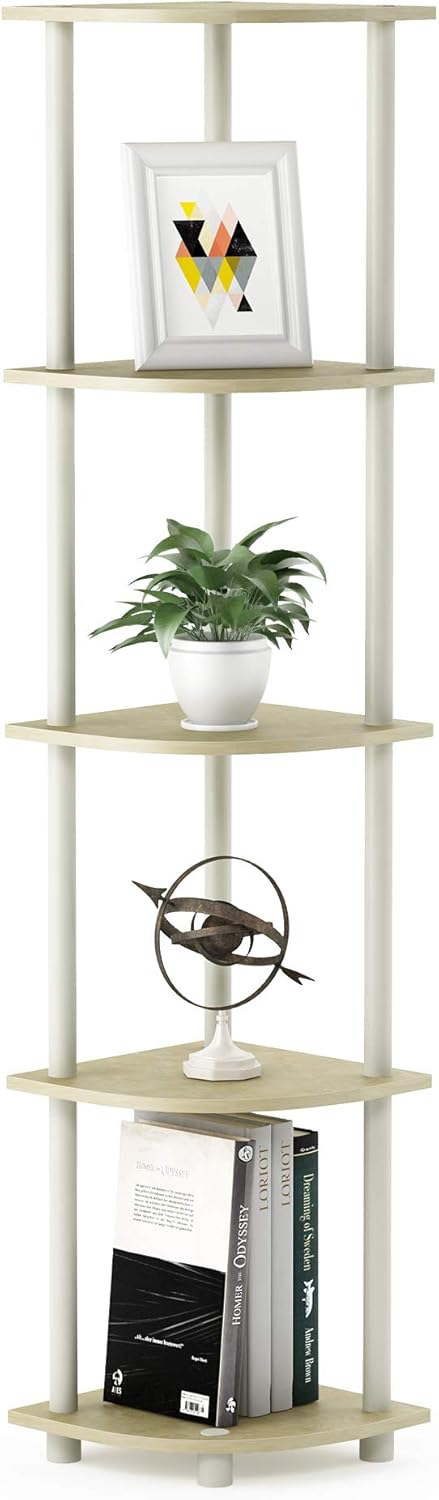 Furinno Turn-N-Tube 5 Tier Corner Display Rack Multipurpose Shelving Unit, 1-Pack, Cream Faux Marble/White