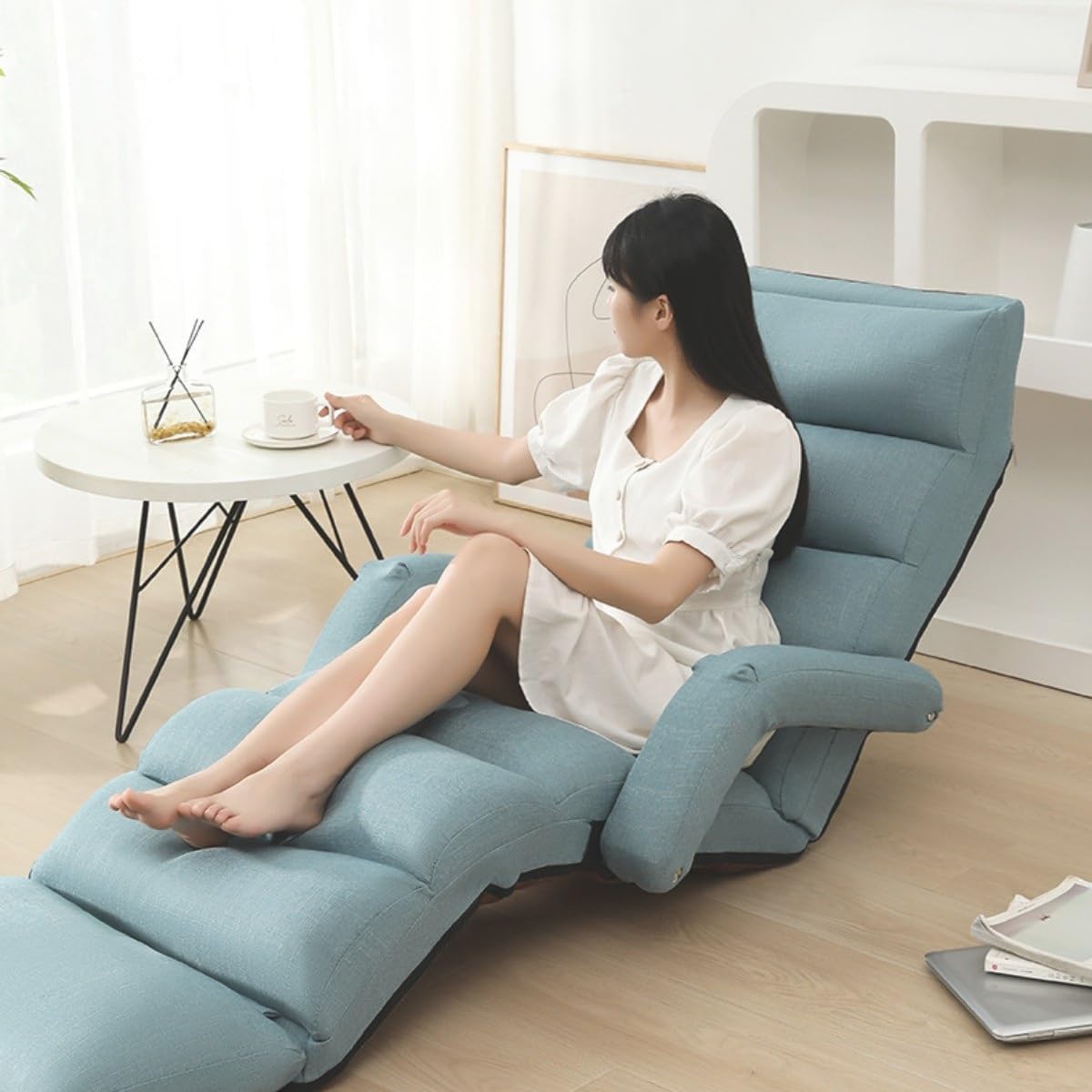 Foldable Lazy Sofa Bed,Adjustable Floor Chair Chaise Lounge with Armrest and Footrest, Folding Floor Gaming Chair,for Reading Living Room Bedroom Indoor Foldable Lazy Sofa