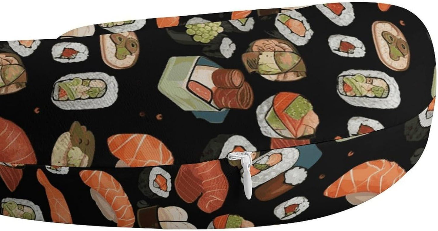 Japanese Sushi Black Neck Pillow Memory Foam U Shaped Pillows Portable Pillows for Shoulder Travel Head Support Pillow with Concealed Zipper for Airplane Car Home Office