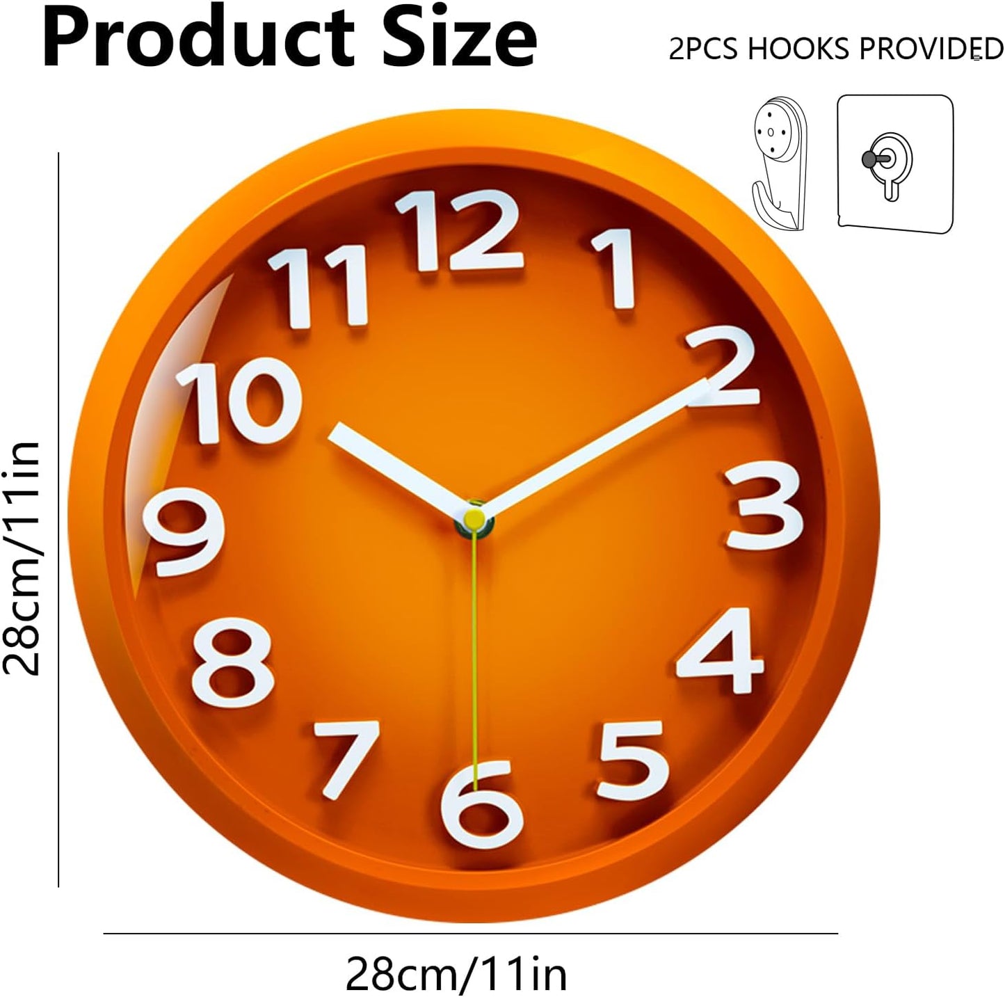Wall Clocks Battery Operated - 11 Inch Silent Non Ticking 3D Numbers Easy Read Analog Clock with 2 Hooks Premium HD Glass Clocks for Living Room Bedroom Kitchen Gym Outdoor Decor, Orange