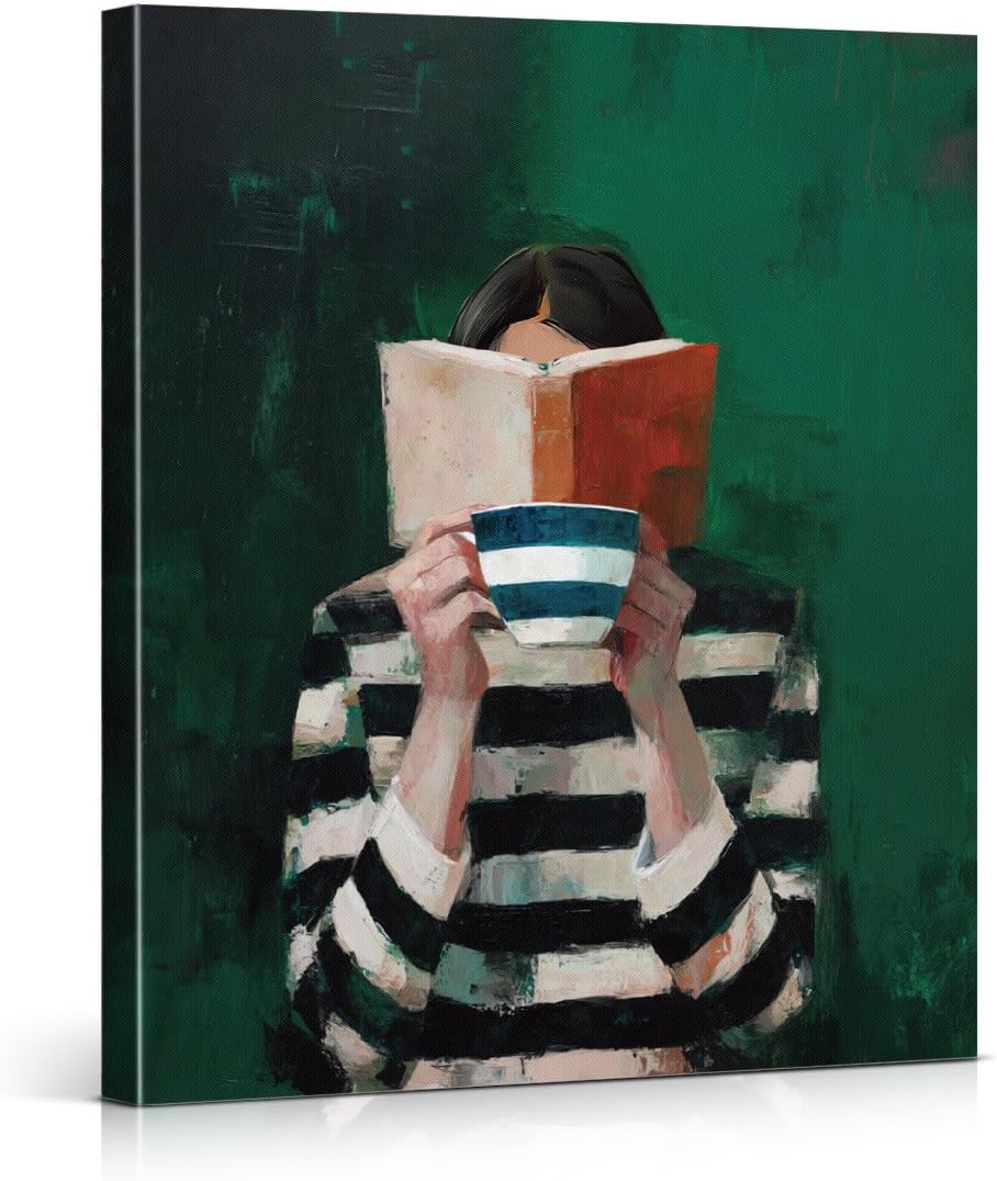 Vintage Reading Woman Canvas Wall Art Print Striped Sweater Girl Picture Painting Artwork Emerald Green Wall Decor for Home Living Room Reading Room 8x10 Framed