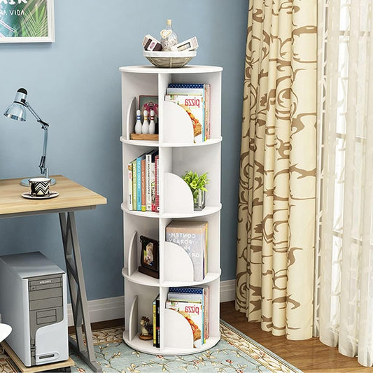 4-Tier White 360° Rotating Corner Bookshelf - Stylish Round Bookcase for Living Room & Library, Space-Saving Floor Shelf, Modern Home Decor Furniture