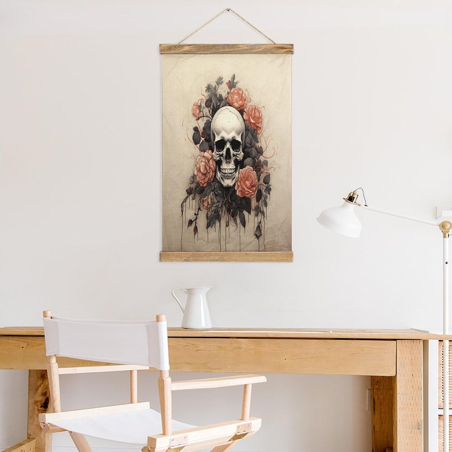 Vintage Ancient Skull And Flowers Poster with Wooden Frame Personalized Linen Hanging Scroll Painting Rustic Wall Hanging Illustrative Modern Artwork Decor for Home Living Room Bedroom Office