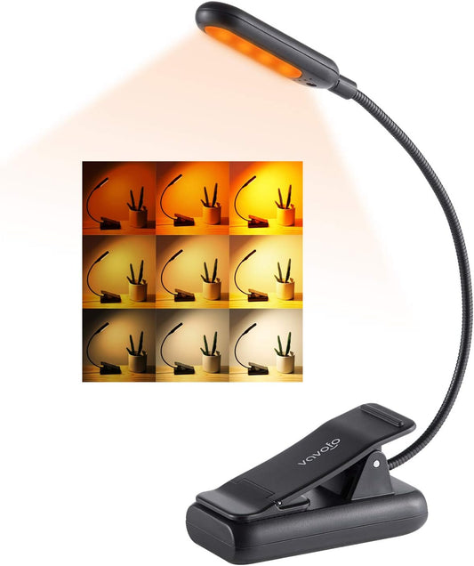 VAVOFO Amber Rechargeable Book Lights, Blue Light Blocking Reading Lights, 7 LEDs Eye Care 9 Colors 9 Brightness Clip On for Bookworms with Power Indicator Lasting 70h (2-Pack, Black)