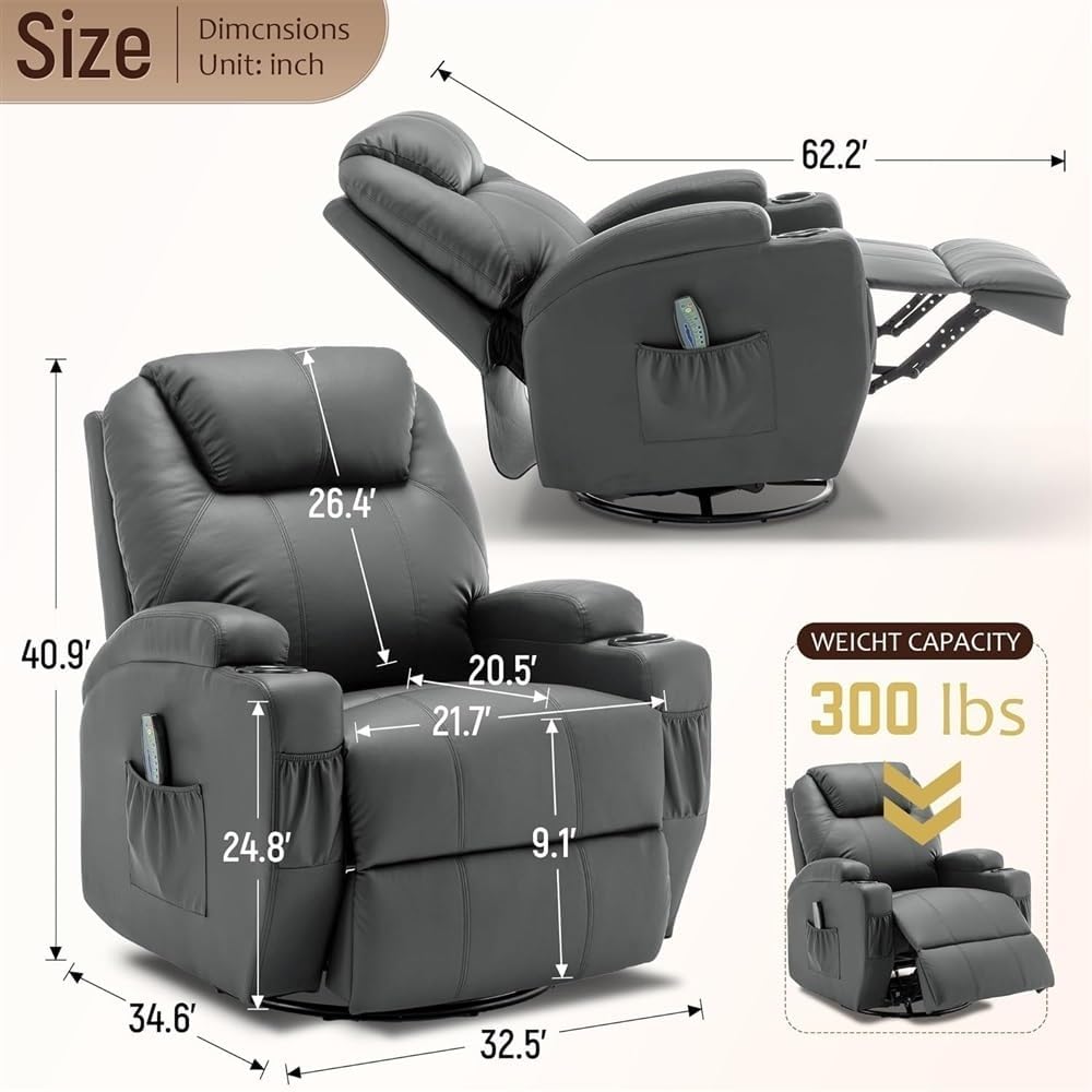 Lazy Power Recliner Chair for Adults with Heat and Massage, 360° Swivel Rocking Recliner with Remote Control and Cup Holder, Comfortable Seating for Home Theater