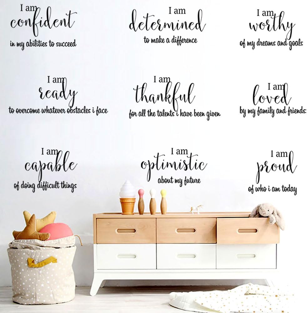 9 Pieces Inspirational Decals Black Motivational Wall Sticker Vinyl Wall Quotes Stickers Wall Art Stickers Peel and Stick Wall Decals for Girl Boy Bedroom Living Room