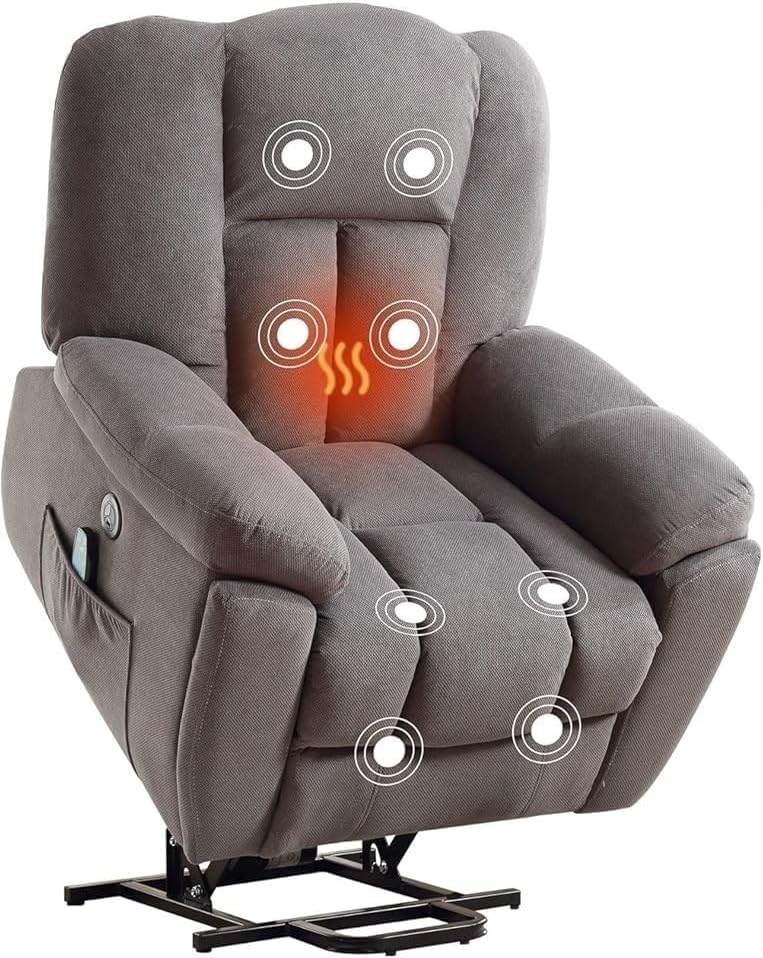 Large Electric Lift Recliner Chair with Heat and Massage Electric Standing Assist Sofa Zero Breathable Fabric with Side Pocket and USB Charge Port for Living Room