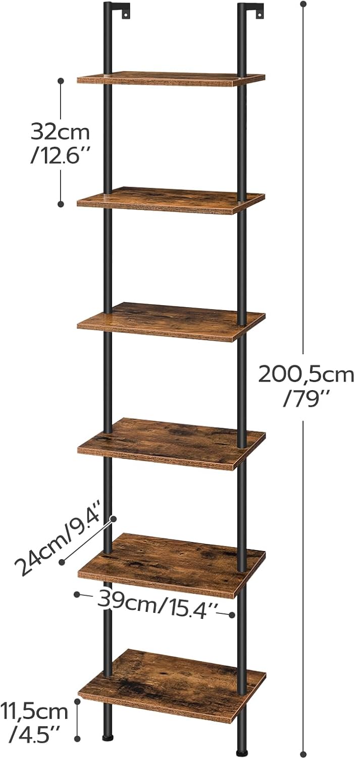 HOOBRO DIY Ladder Shelf, 6-Tier Wooden Wall Mounted Bookshelf, Narrow Bookcase, Display Shelf, Storage Rack, Plant Stand, for Living Room, Bedroom, Study, Balcony, Rustic Brown and Black BF651CJ01