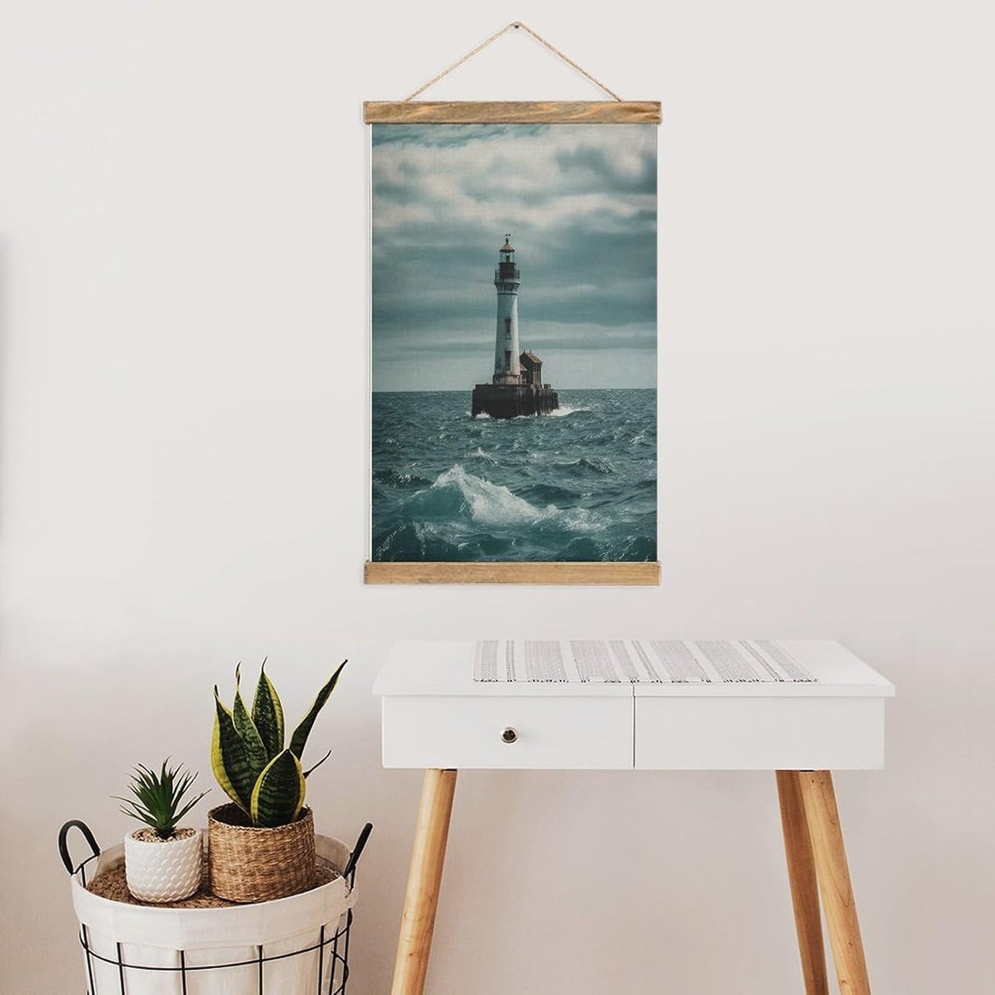 Vintage Lighthouse Ocean Poster with Wooden Frame Personalized Linen Hanging Scroll Painting Rustic Wall Hanging Illustrative Modern Artwork Decor for Home Living Room Bedroom Office